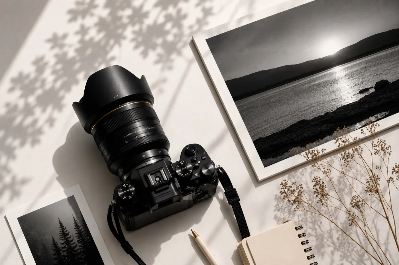 Cámara y fotografías impresas sobre una mesa con luz natural