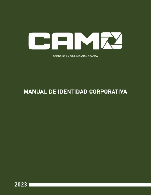 Portada verde del manual de identidad corporativa CAMO, 2023