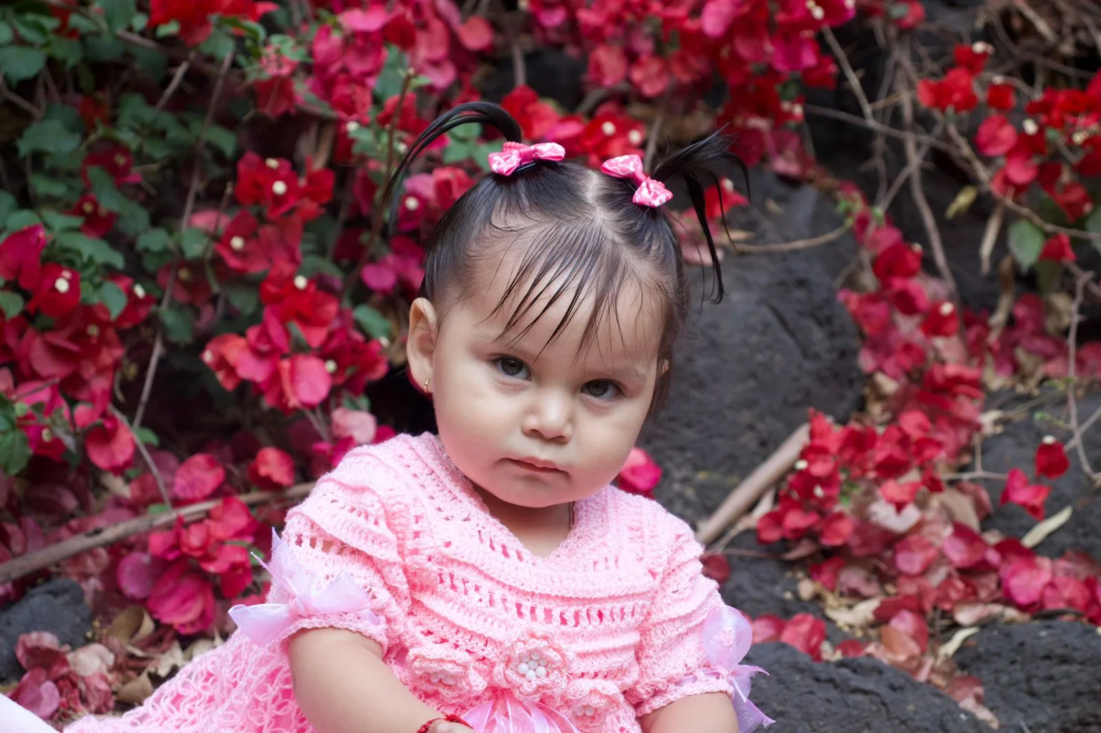 Retrato infantil con vestido rosa entre bugambilias