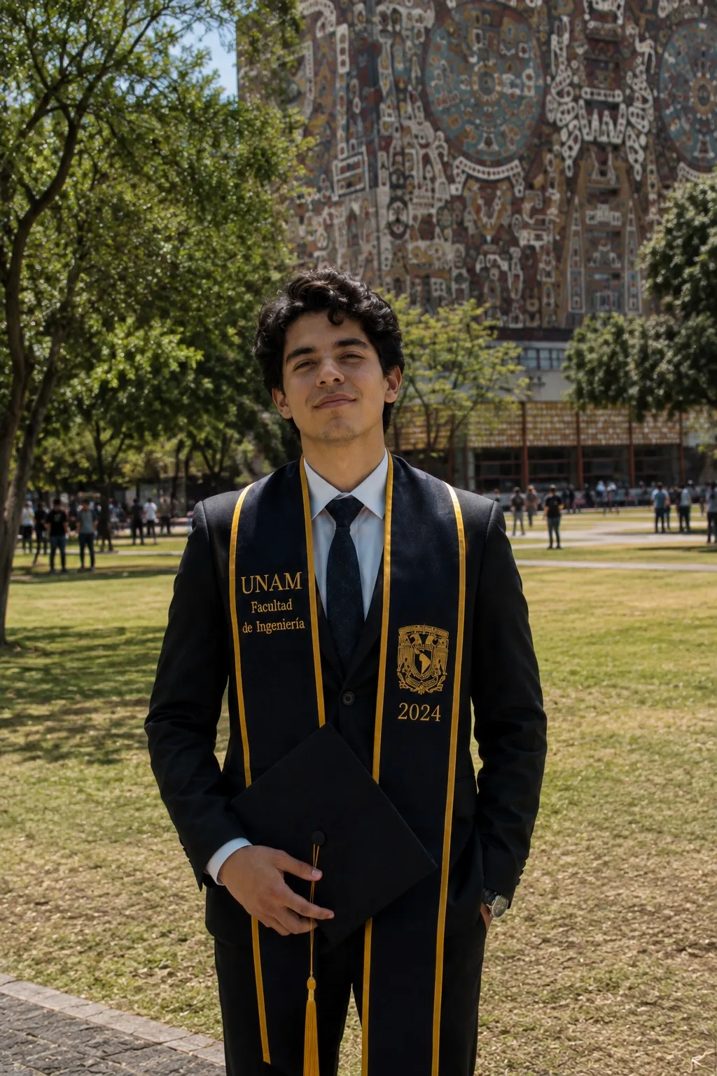 Recién graduado de la UNAM con toga frente al mural de la Biblioteca Central
